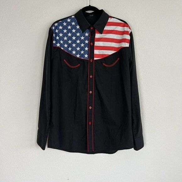 Coofandy Mens Button Front Shirt Western American Flag Long Sleeve Collar Large - Picture 2 of 10